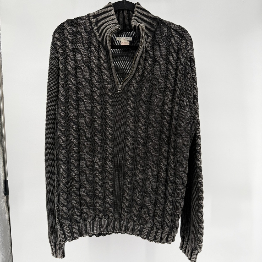 Carbon 2 Cobalt Mens L Gray Cable Knit Quarter Zip Sweater 100% Cotton